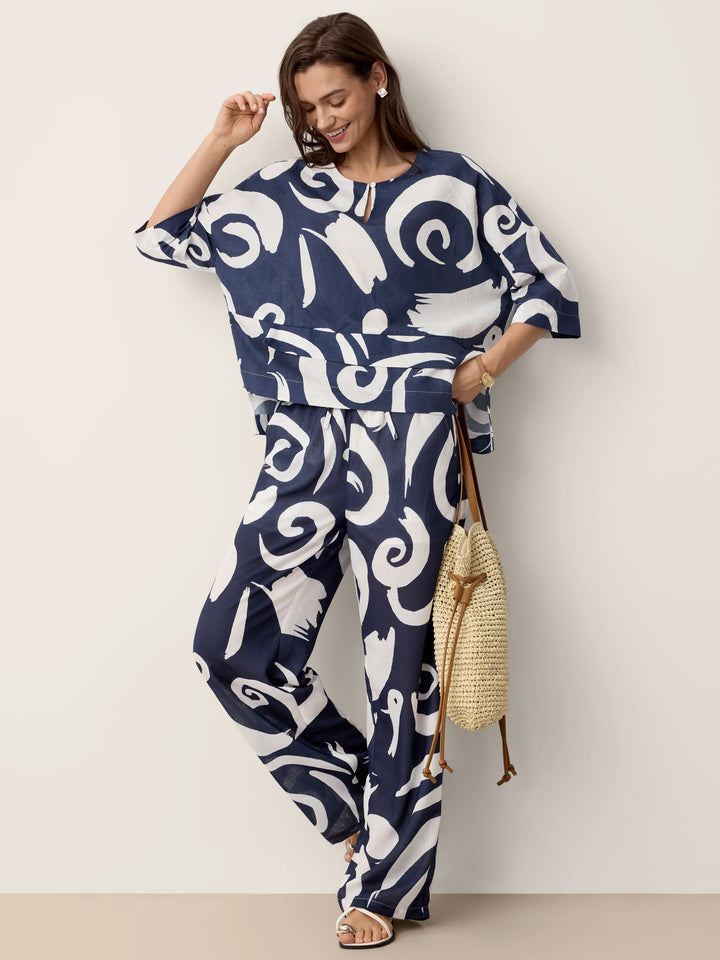 Noreen | Asymmetric Tiered Abstract Print Linen Top