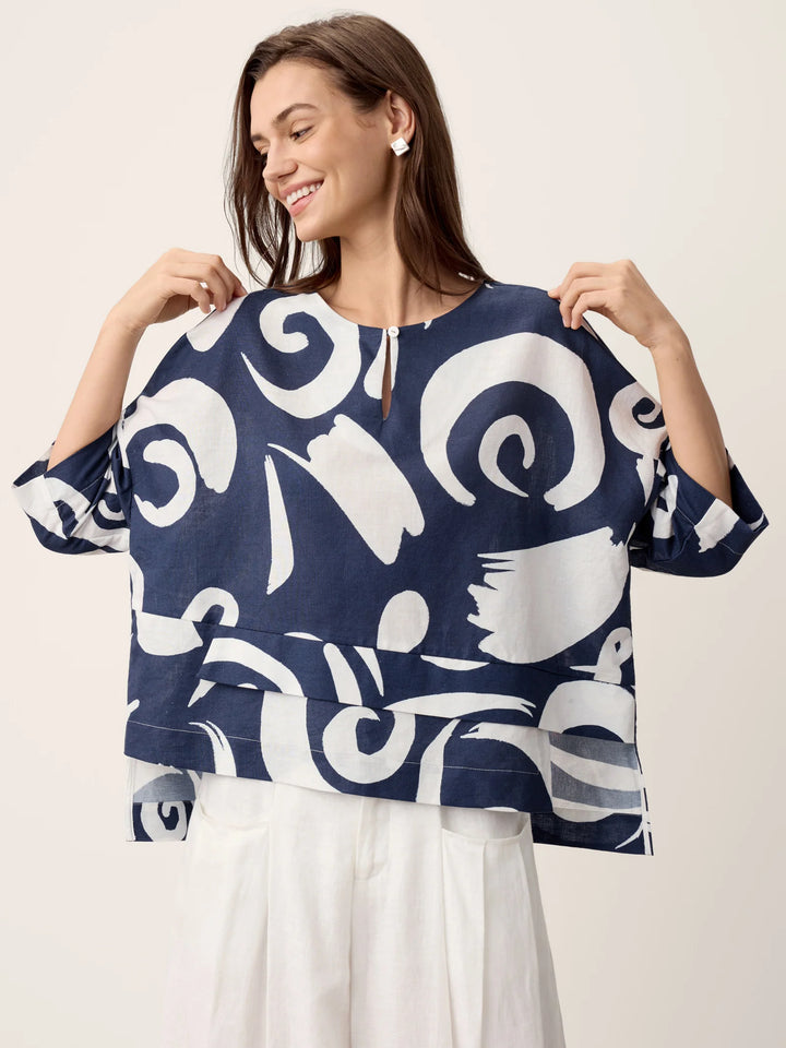 Noreen | Asymmetric Tiered Abstract Print Linen Top