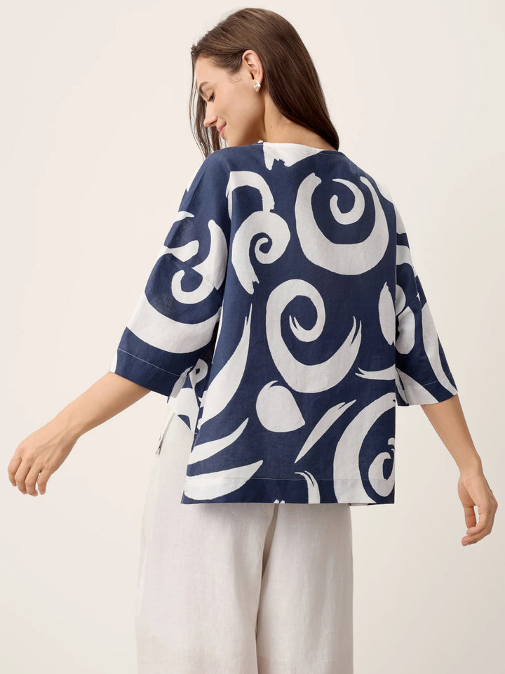Noreen | Asymmetric Tiered Abstract Print Linen Top