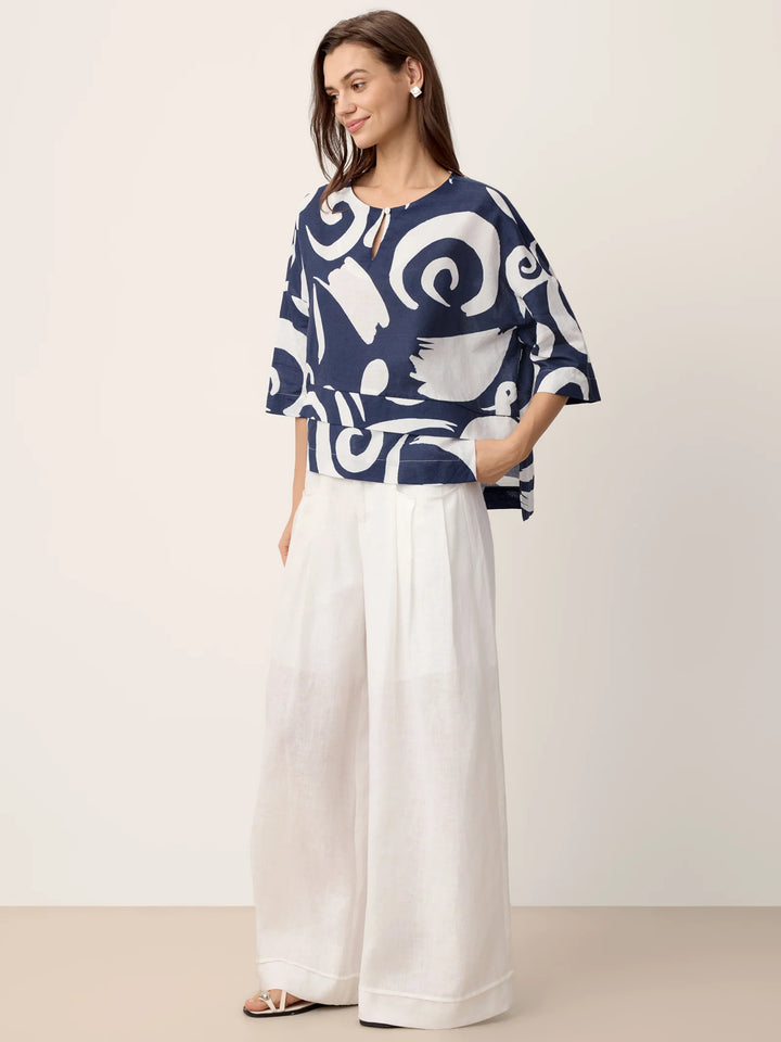 Noreen | Asymmetric Tiered Abstract Print Linen Top