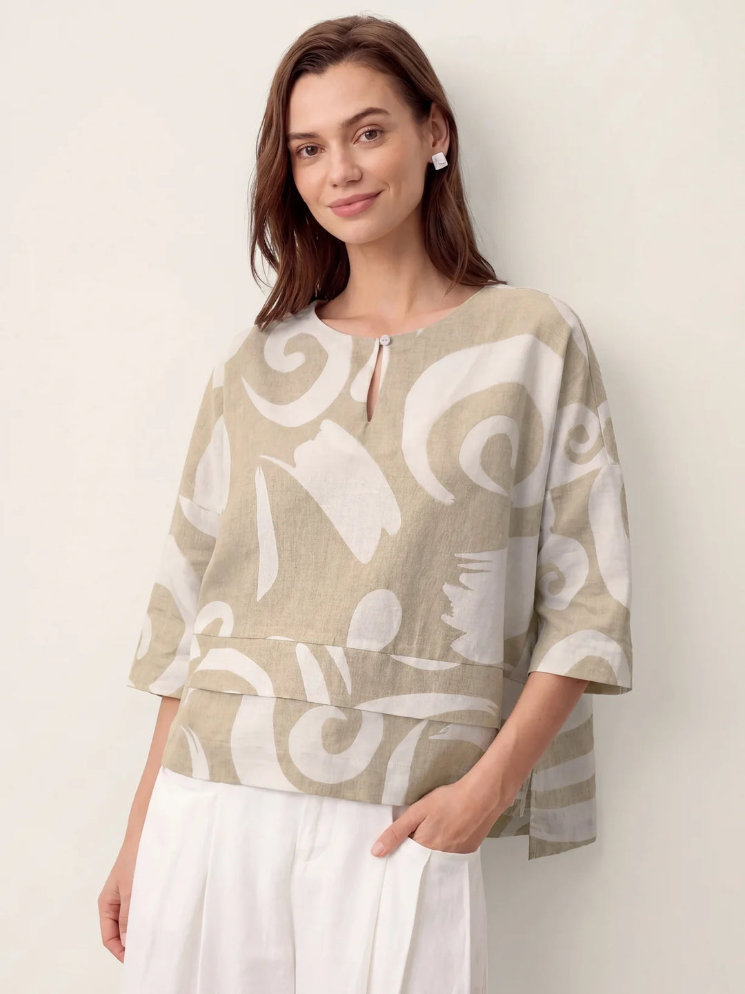 Noreen | Asymmetric Tiered Abstract Print Linen Top