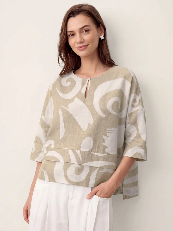 Noreen | Asymmetric Tiered Abstract Print Linen Top