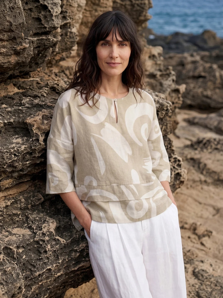 Noreen | Asymmetric Tiered Abstract Print Linen Top