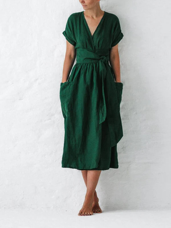 Vestido Cruzado De Lino Para Mujer Léonie – Vestido Elegante Y Ligero Con Corte Ajustable Para El Verano