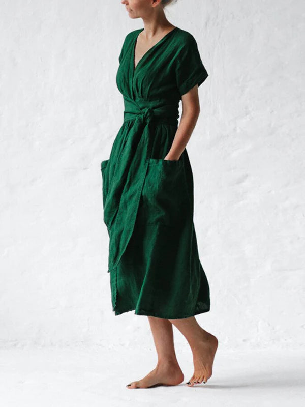 Vestido Cruzado De Lino Para Mujer Léonie – Vestido Elegante Y Ligero Con Corte Ajustable Para El Verano