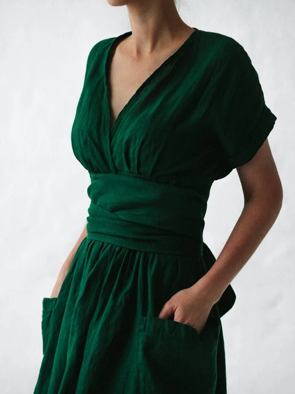 Vestido Cruzado De Lino Para Mujer Léonie – Vestido Elegante Y Ligero Con Corte Ajustable Para El Verano