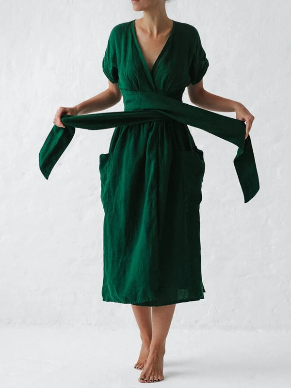 Vestido Cruzado De Lino Para Mujer Léonie – Vestido Elegante Y Ligero Con Corte Ajustable Para El Verano