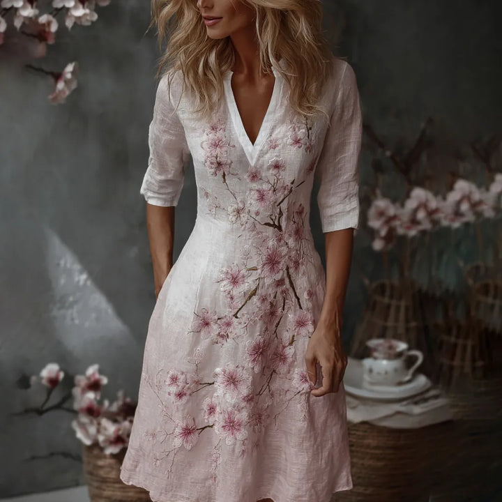 Vestido Casual De Linho Com Manga Média E Bordado Requintado Para Mulher