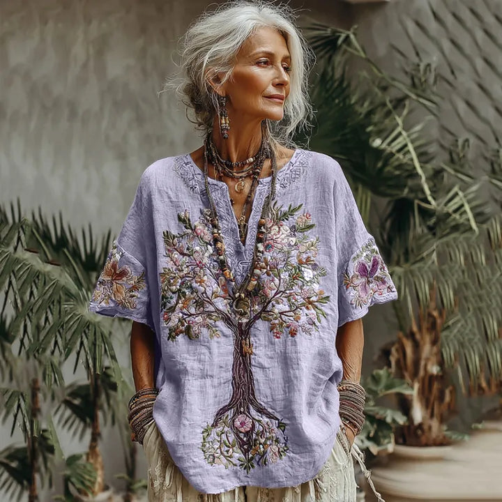 T-shirt Confortável Estampado Floral Árvore da Vida para Mulher