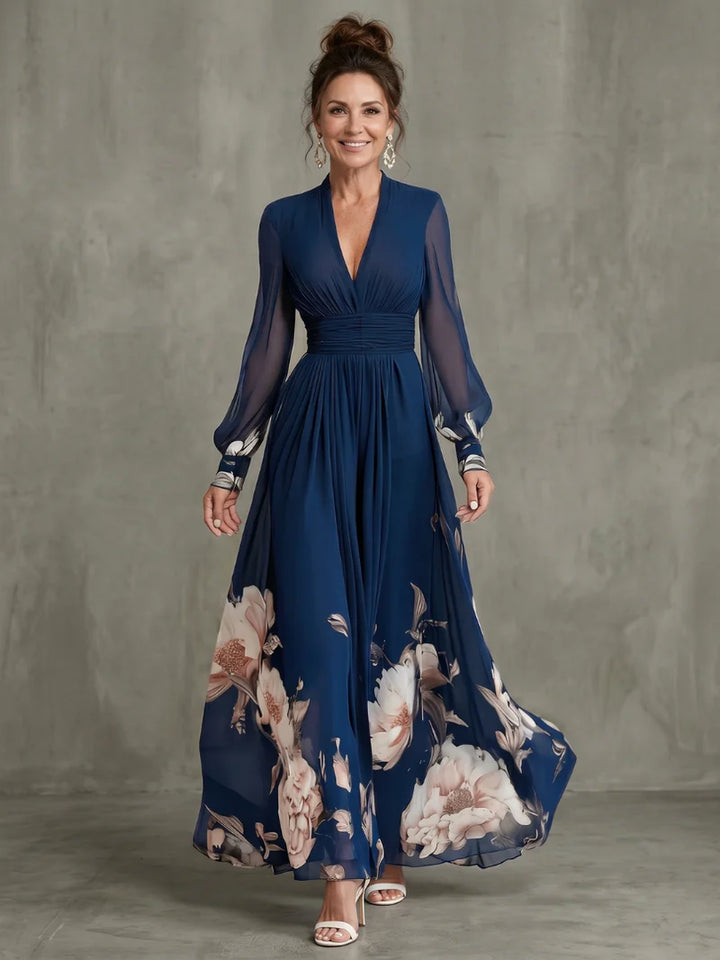 Vestido Maxi Estampado Para Mujer Con Mangas Transparentes Y Escote Profundo