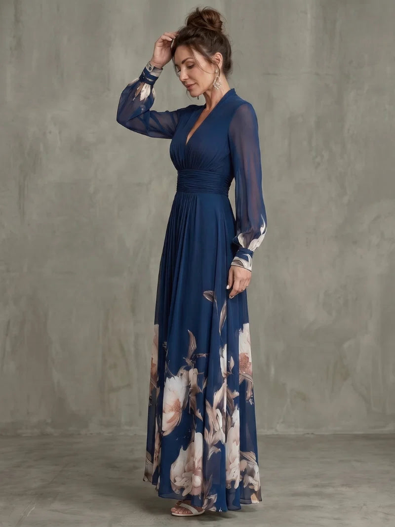 Vestido Maxi Estampado Para Mujer Con Mangas Transparentes Y Escote Profundo