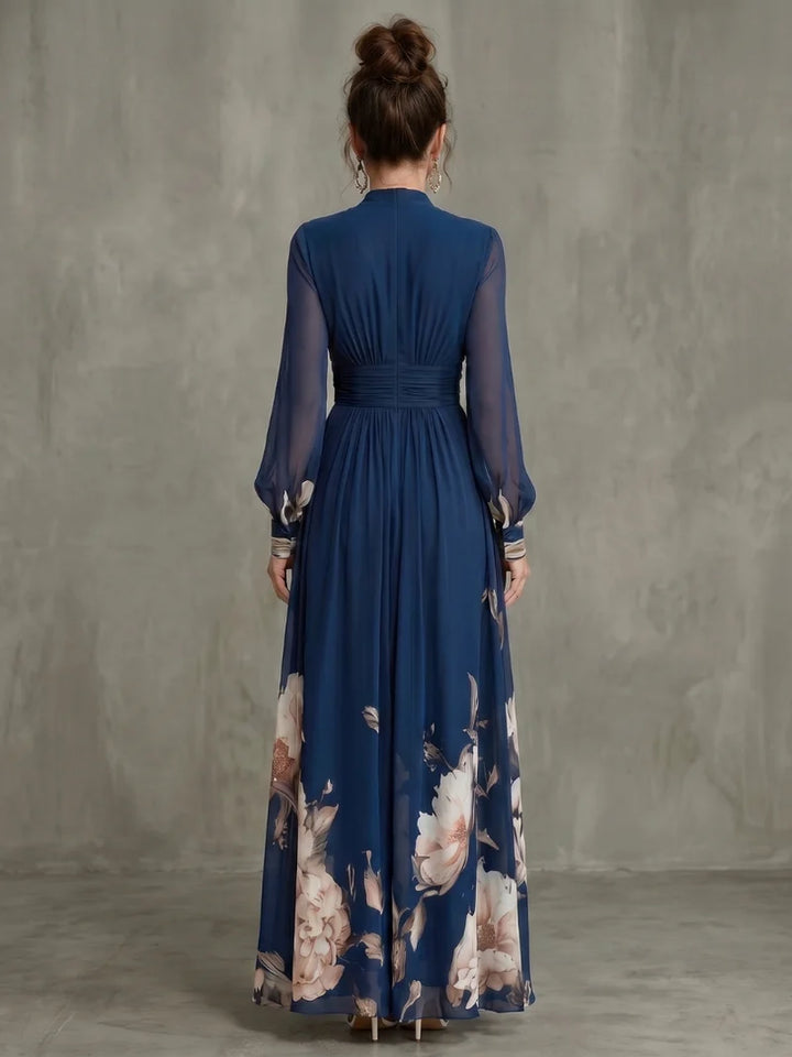 Vestido Maxi Estampado Para Mujer Con Mangas Transparentes Y Escote Profundo