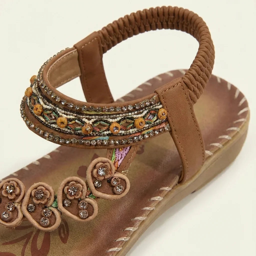 Luna | Mujer Sandalias Planas Con Apliques Florales Y Tiras Con Cuentas | Boho