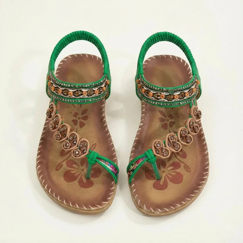 Luna | Mujer Sandalias Planas Con Apliques Florales Y Tiras Con Cuentas | Boho
