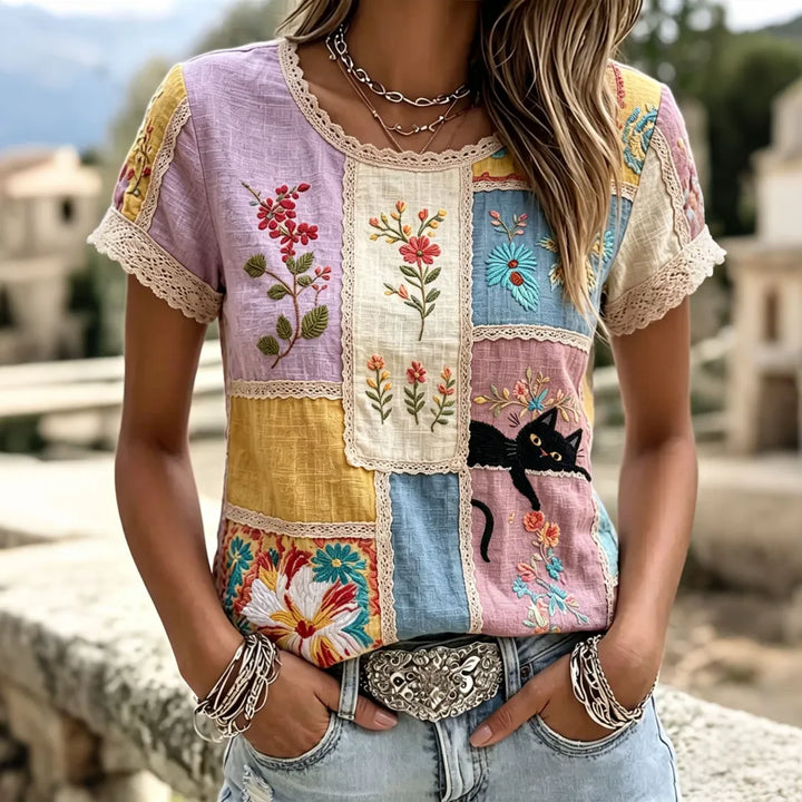 Camiseta Vintage Hippie Gato Patchwork Bordado Lino Cuello Redondo