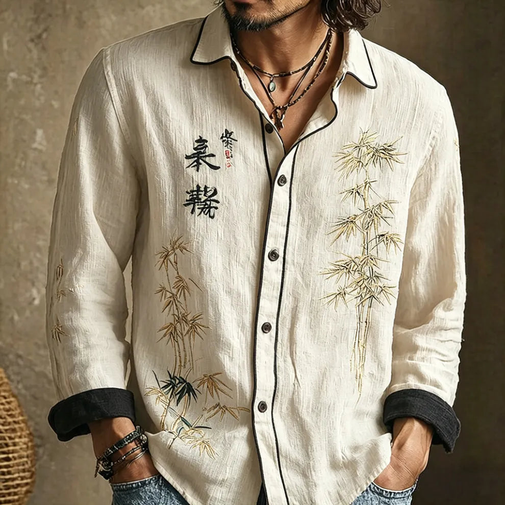 Camisa casual retro japonesa con estampado de bambú y caligrafía para hombre