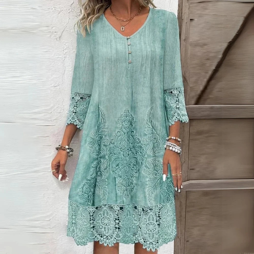 Vestido Recto De Mujer Con Acabado En Encaje – Vestido Midi Bordado Para Verano
