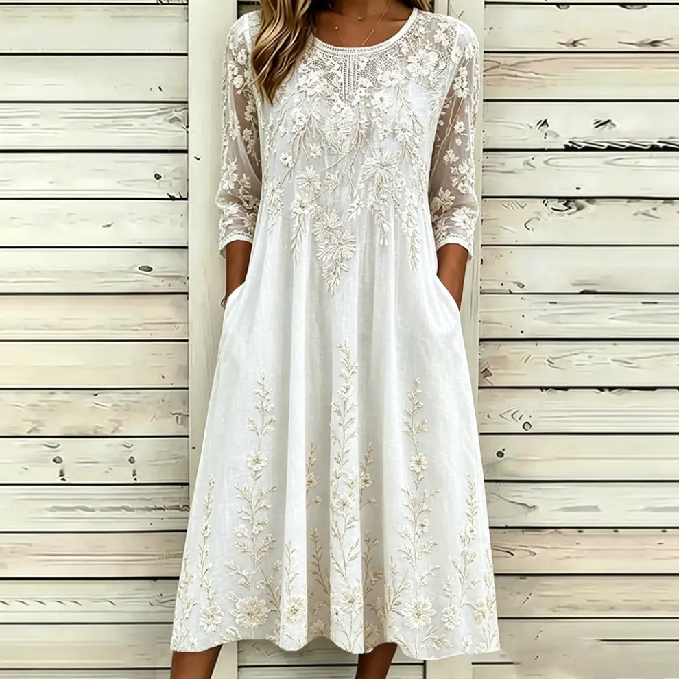 Vestido Vintage Con Bordado Floral Blanco Y Manga 3/4