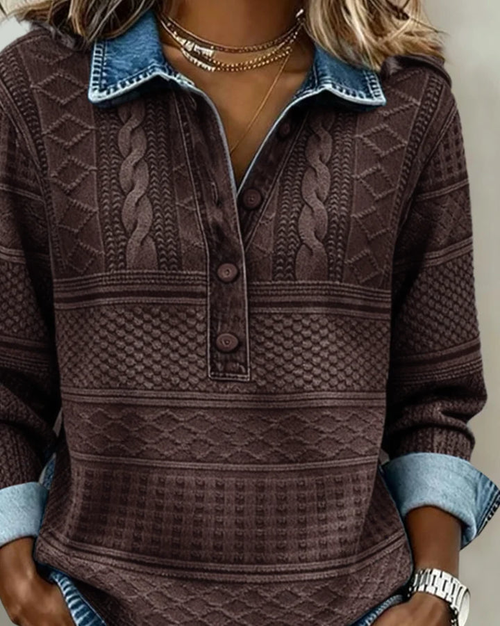 TOP DE PUNTO FEMENINO CON CUELLO Y BOTONES AL FRENTE - CAPA RELAJADA CON TEXTURA PARA OTONO E INVIERNO