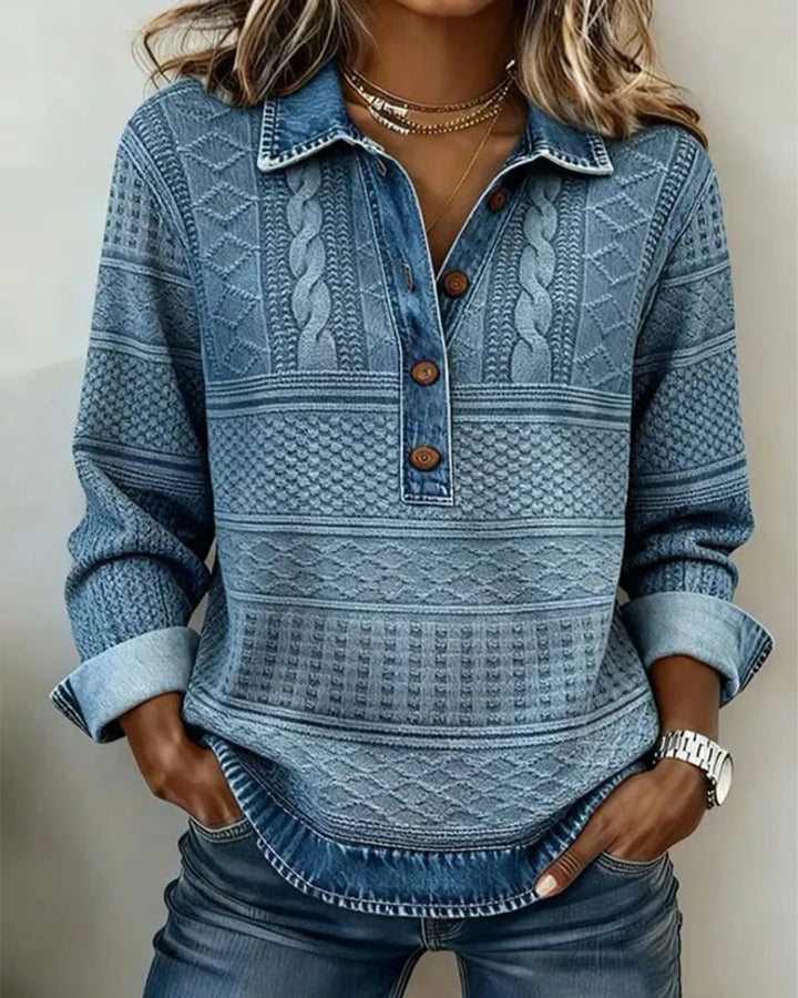 TOP DE PUNTO FEMENINO CON CUELLO Y BOTONES AL FRENTE - CAPA RELAJADA CON TEXTURA PARA OTONO E INVIERNO