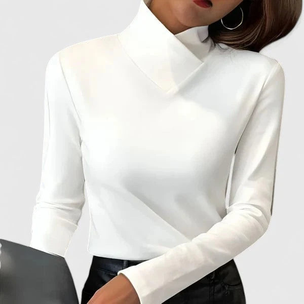 TOP AJUSTADO DE GOLA ALTA ASSIMÉTRICO MULHER - ESTILO MANGA COMPRIDA PARA ESCRITÓRIO E EVENTOS NOTURNOS
