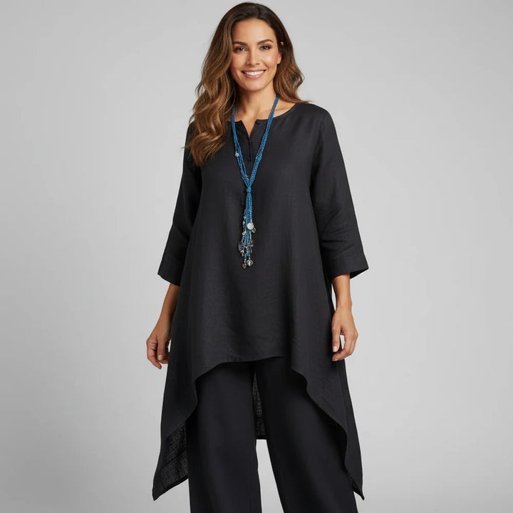 CONJUNTO FEMENINO DE LINO CON TUNICA DRAPEADA Y PANTALON RELAJADO