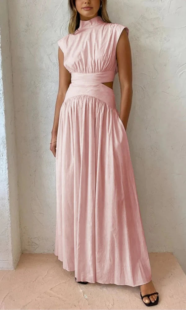 Vestido Maxi De Cuello Alto Para Mujer Sin Mangas Cintura Recortada Estilo Elegante Y Fluido