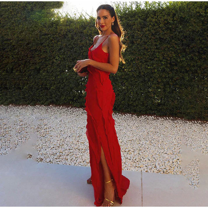 Everly | vestido maxi sin mangas con volantes