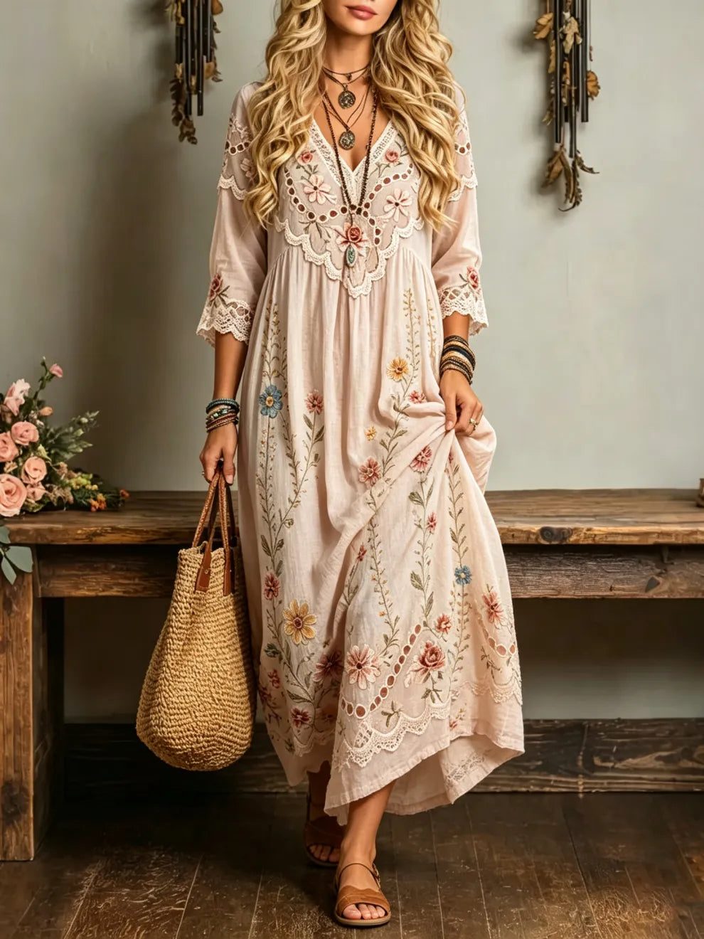 VESTIDO BOHEMIO RETRO DE ALGODÓN y LINO CON ESCOTE EN v PARA VACACIONES