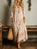 VESTIDO BOHEMIO RETRO DE ALGODÓN y LINO CON ESCOTE EN v PARA VACACIONES