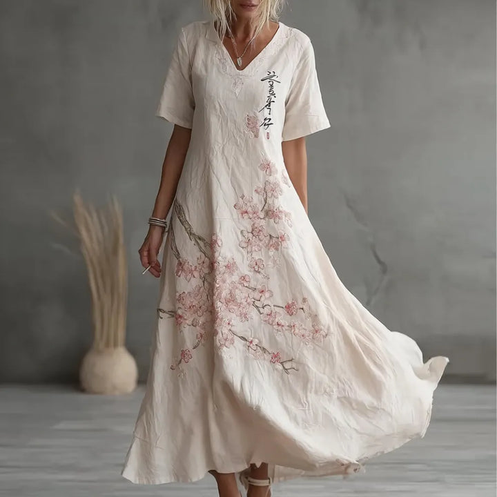 Vestido Informal De Lino Con Estampado De Bordado Sakura