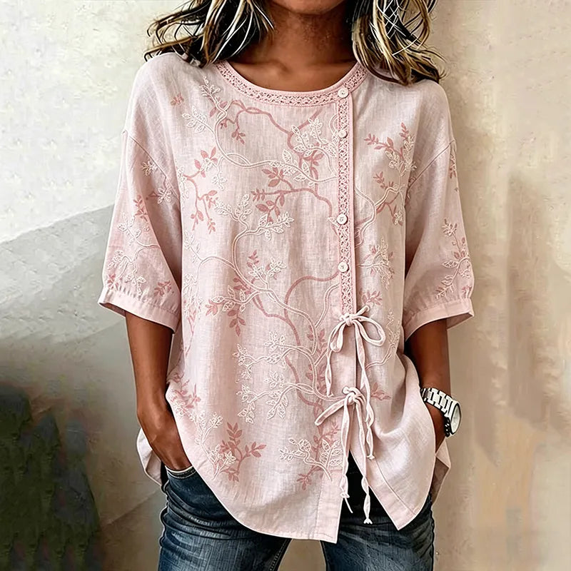 Top de manga 3/4 com estampado floral casual para senhora