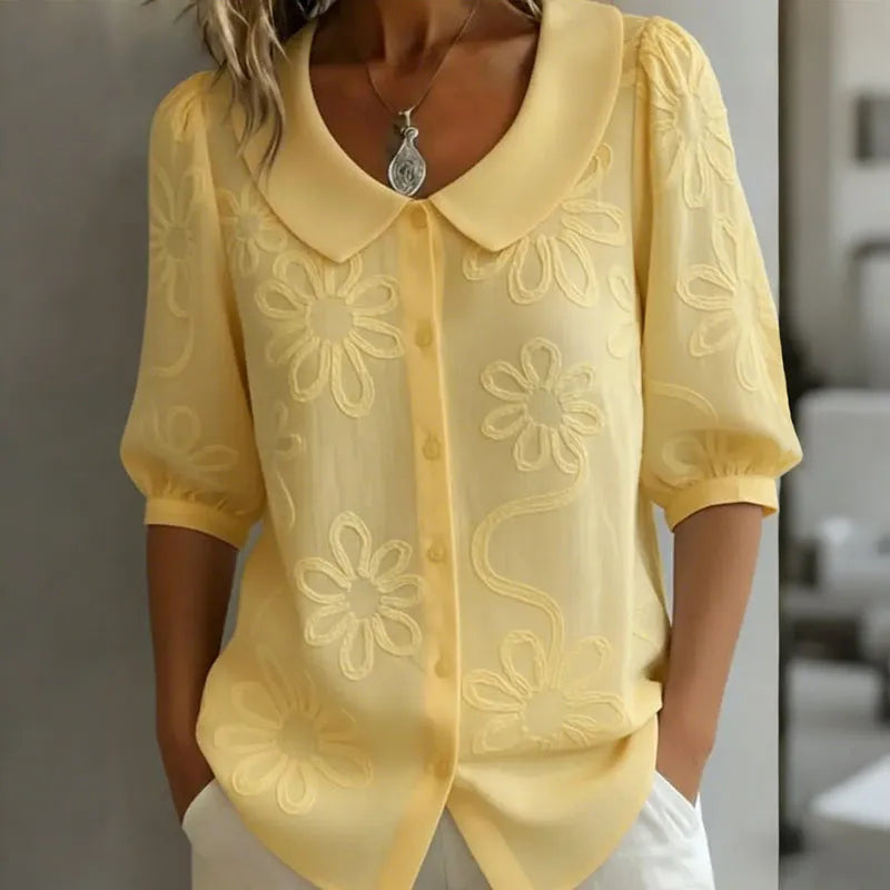 Camisa Vintage Holgada Con Bordado Floral - Manga Media