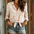 Camisa de lino casual con estampado floral para mujer