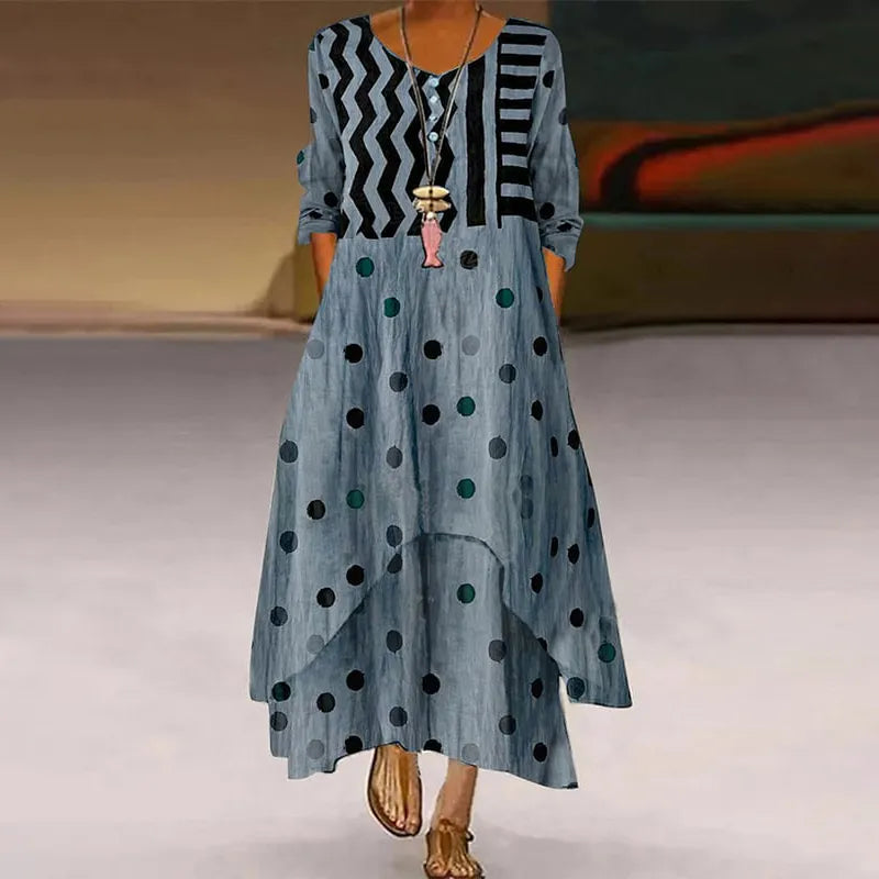 Vestido Maxi Casual de Manga Larga con Estampado de Lunares