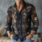CAMISA CASUAL DE ALGODÓN y LINO DE MANGA LARGA CON BORDADO FLORAL RETRO