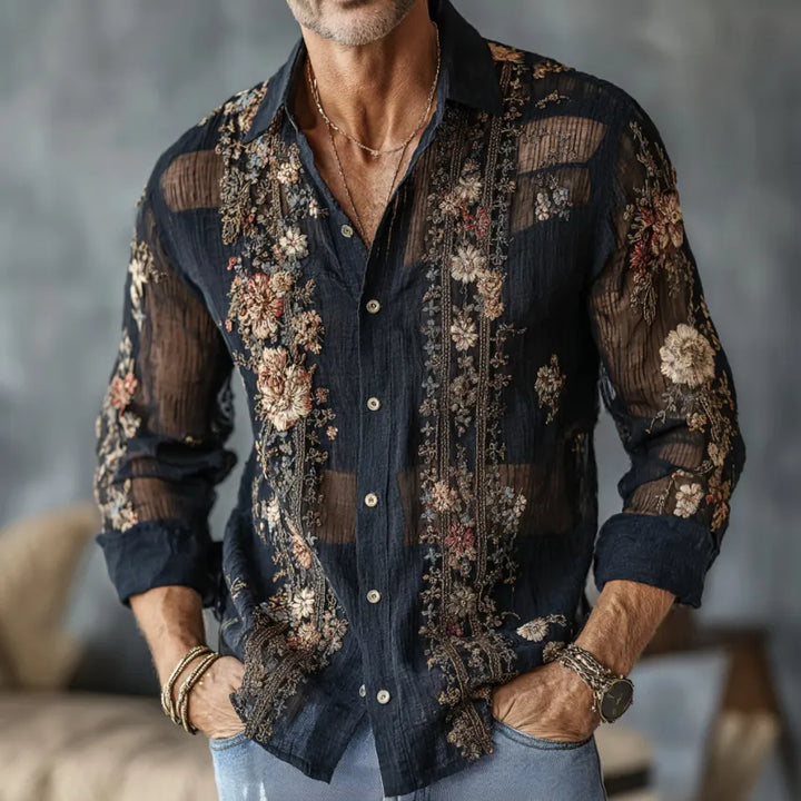 Camisa Casual de Algodão e Linho de Manga Comprida com Bordado Floral Retro