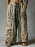 Pantalones de lino japoneses con pinos y caligrafía en contraste para hombre