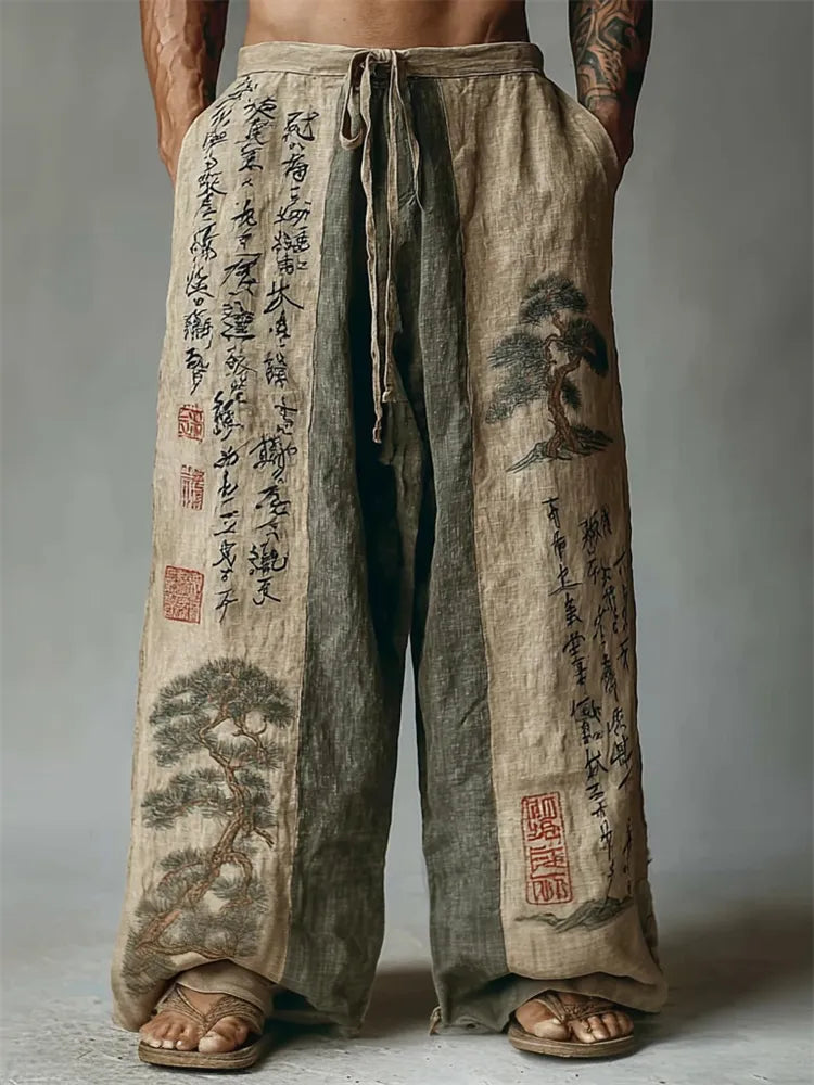 Pantalones de lino japoneses con pinos y caligrafía en contraste para hombre