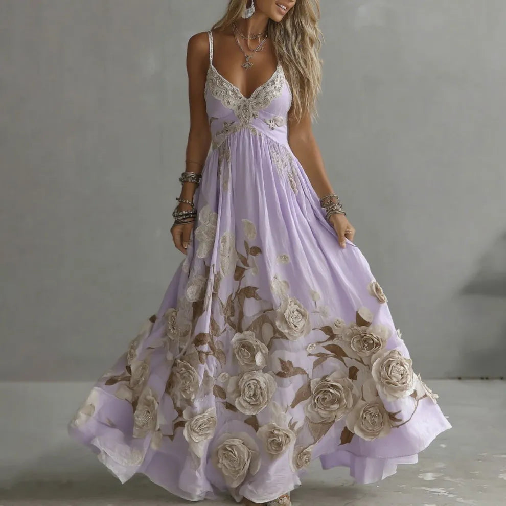 Vestido maxi con tirantes y bordado artístico de rosa vintage para mujer