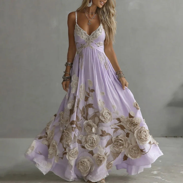 Vestido Maxi com Alças e Bordado Artístico de Rosa Vintage para Mulher