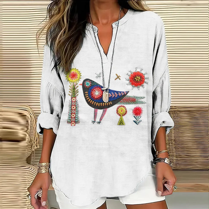T-shirt com Decote em V e Bordado Floral e Pássaros