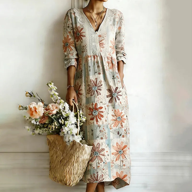 Vestido maxi de lino casual con bordado floral japonés