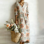 Vestido maxi de lino casual con bordado floral japonés