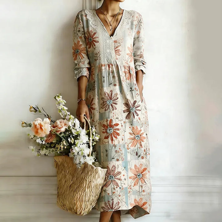 Vestido Maxi de Linho Casual com Bordado Floral Japonês