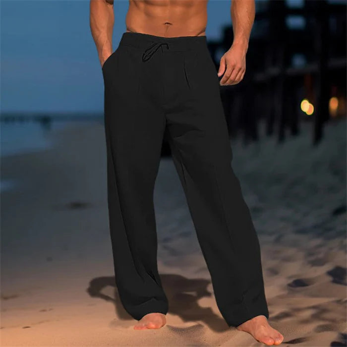 CALÇAS DE VERÃO MASCULINAS DE PERNA LARGA COM PREGAS E CORDÃO