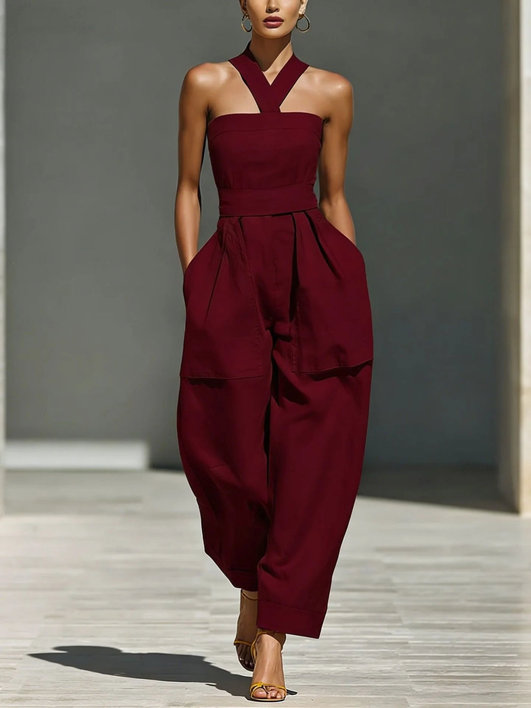 Mono De Lino Con Escote Cruzado Y Pantalon Ancho
