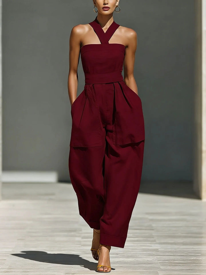 Mono De Lino Con Escote Cruzado Y Pantalon Ancho