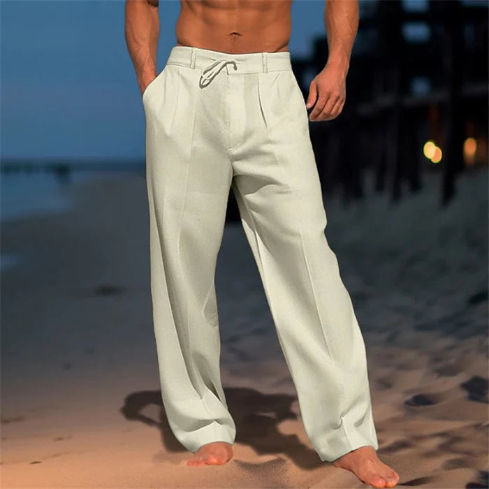 CALÇAS DE VERÃO MASCULINAS DE PERNA LARGA COM PREGAS E CORDÃO