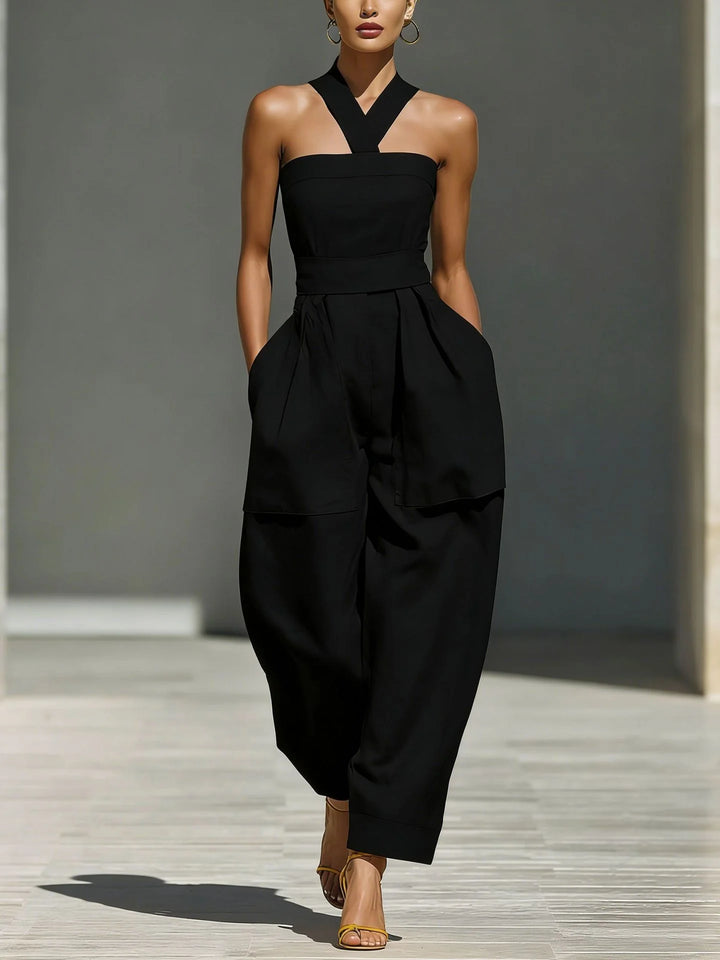 Mono De Lino Con Escote Cruzado Y Pantalon Ancho